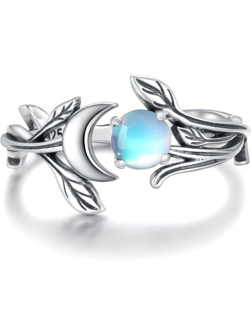 Adjustable Crescent Moon Ring with Moonstone, Turquoise & Fire Opal in 925